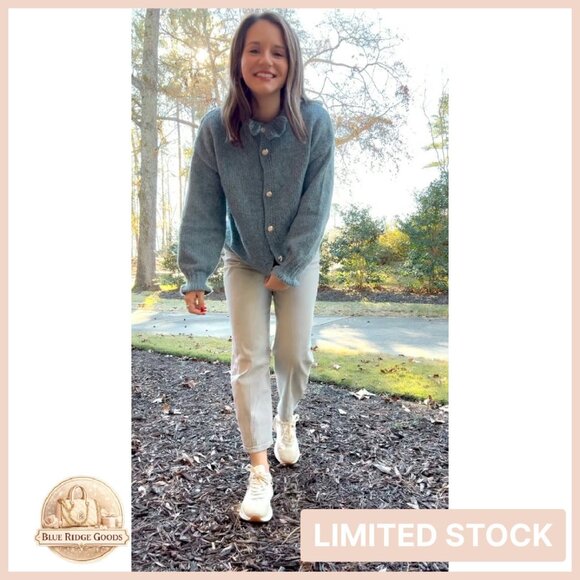 Oversized Ribbed Knit Cardigan Ruffle Neckline Open Front Chic Fall Sweater - Picture 7 of 8